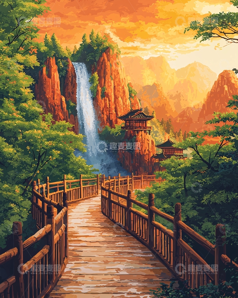 高清大图下载【趣麦麦图】夕阳下瀑布边的木桥