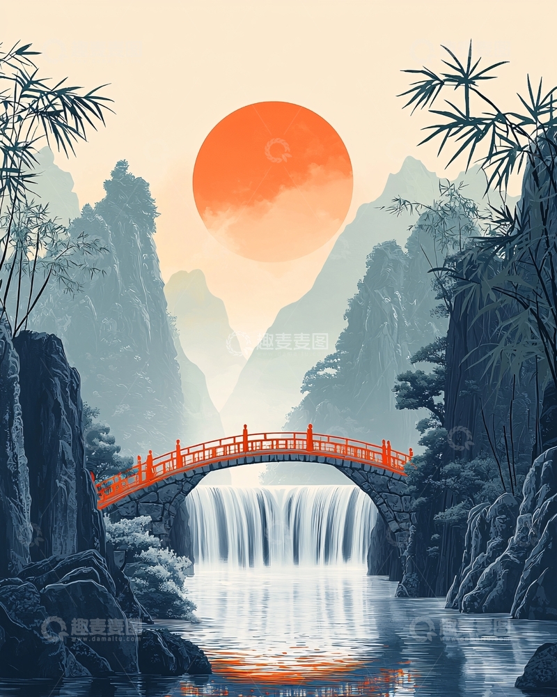 高清大图下载【趣麦麦图】国风山水日出桥