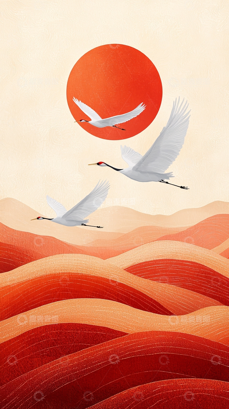 高清大图下载【趣麦麦图】丹顶鹤日出山峦图