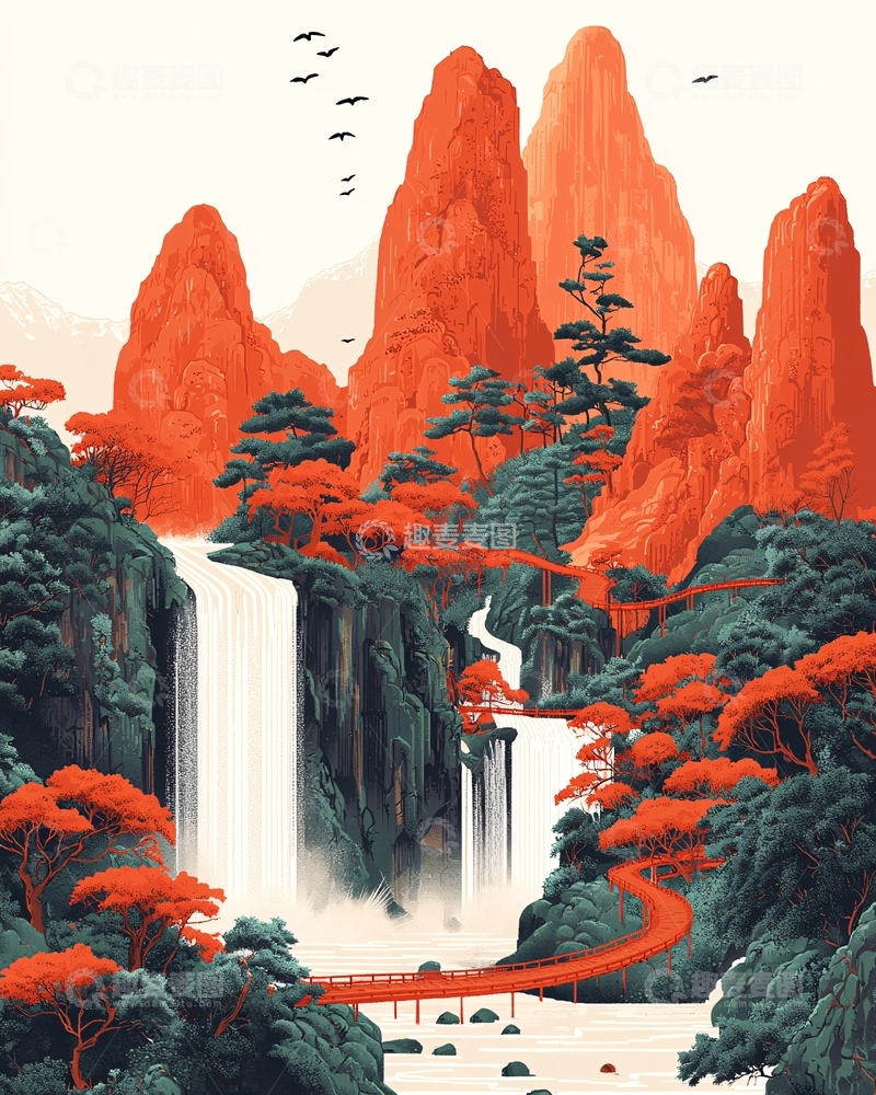 高清大图下载【趣麦麦图】水墨风山水瀑布红色山峰