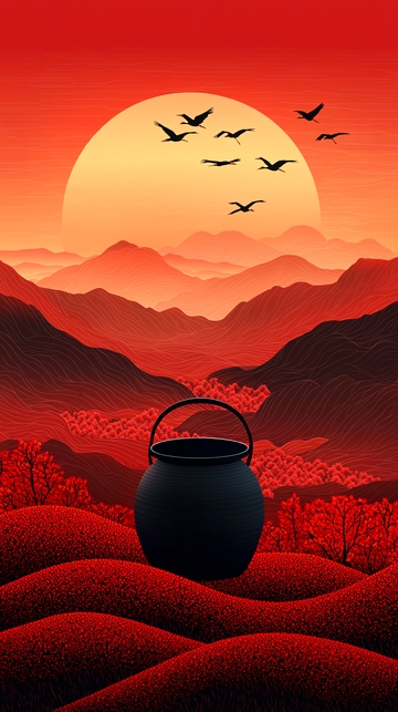 红色山脉日落黑锅