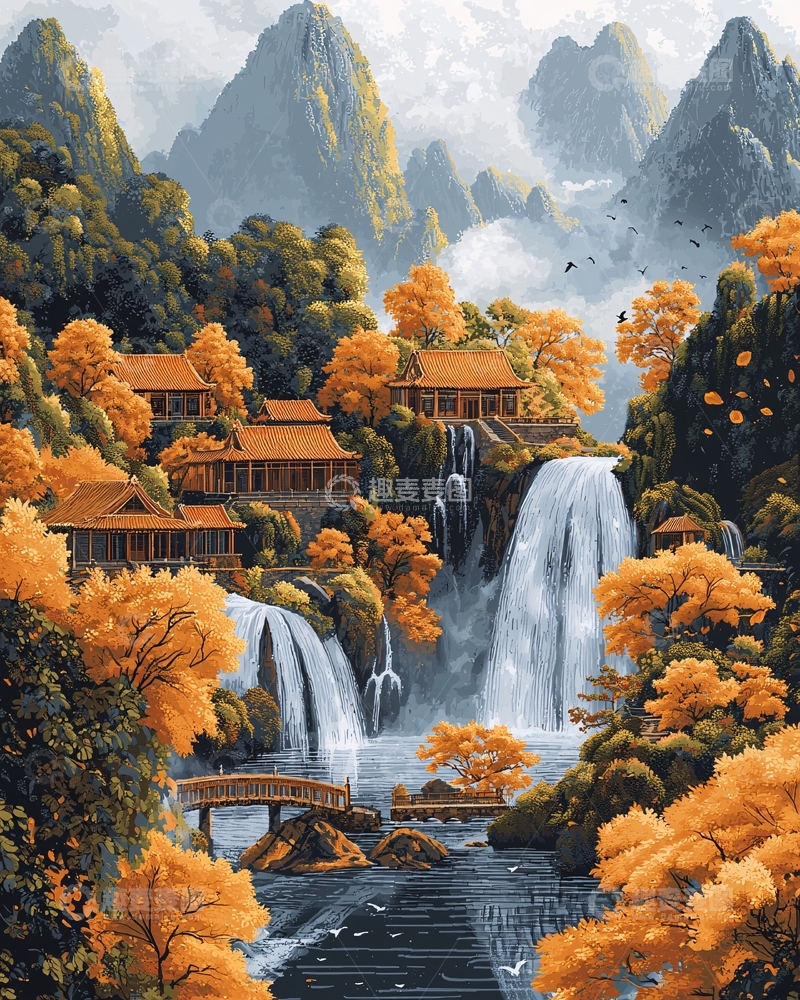 高清大图下载【趣麦麦图】秋日山林瀑布景色
