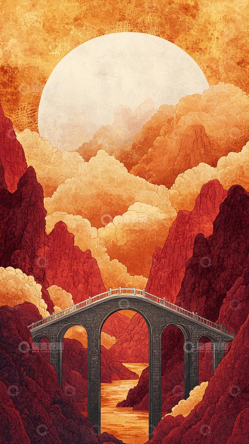 高清大图下载【趣麦麦图】橙色山峦间的月亮桥