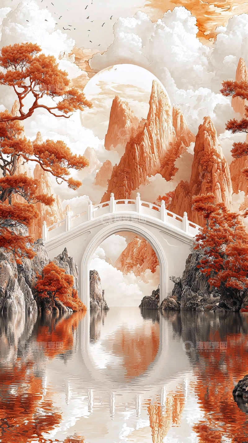 高清大图下载【趣麦麦图】秋日红枫山景拱桥