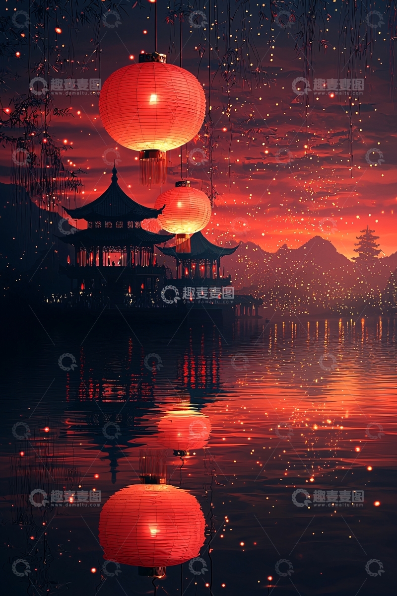高清大图下载【趣麦麦图】红灯笼倒影古风夜景
