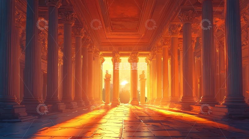 高清大图下载【趣麦麦图】夕阳西下神殿廊柱
