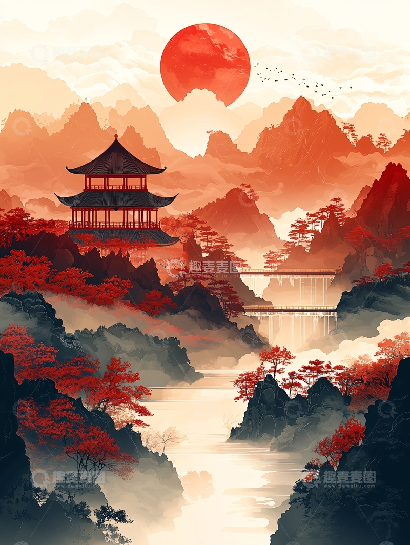 高清大图下载【趣麦麦图】红日山峦水墨画