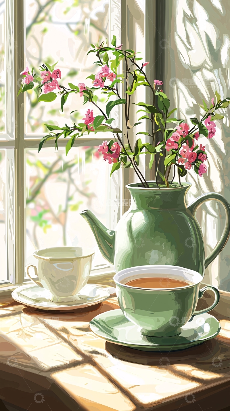 高清大图下载【趣麦麦图】阳光洒进窗台的茶具