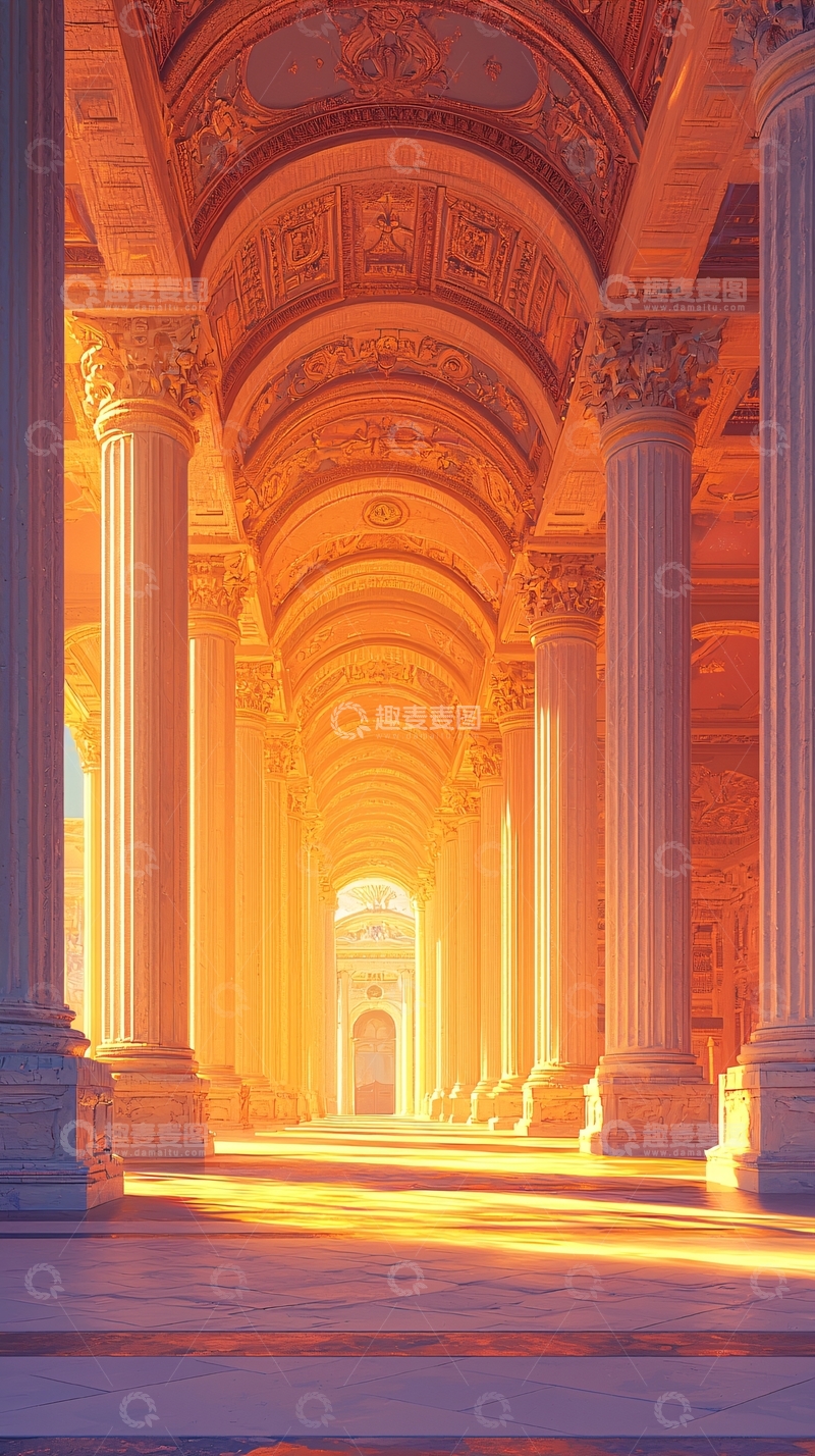 高清大图下载【趣麦麦图】金色阳光下的宏伟廊柱