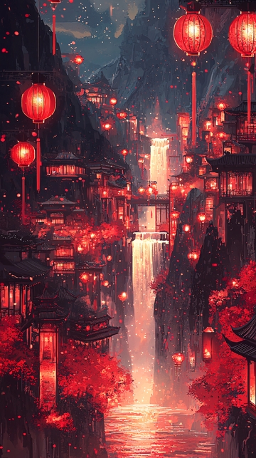 红灯笼山间小镇夜景