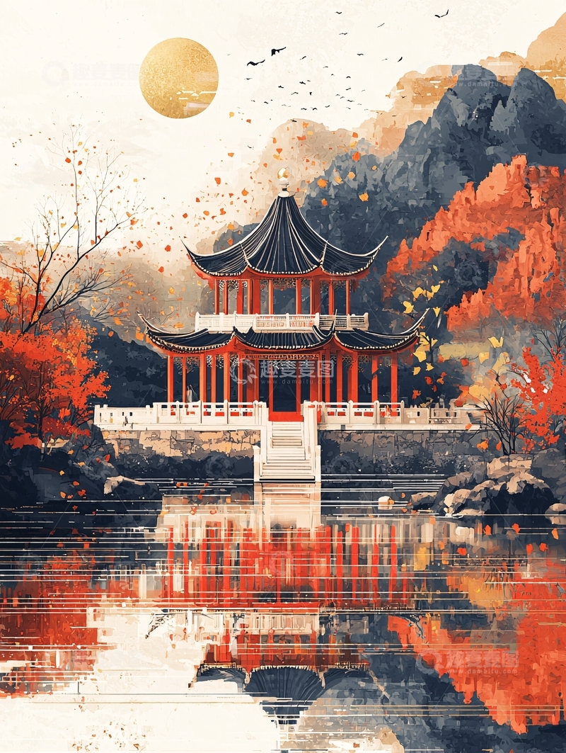 高清大图下载【趣麦麦图】秋日红叶古建筑水墨画