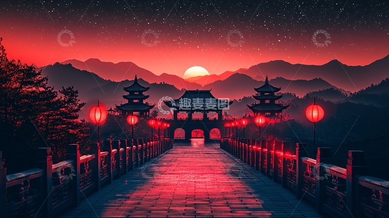 高清大图下载【趣麦麦图】红日山间古寺长桥