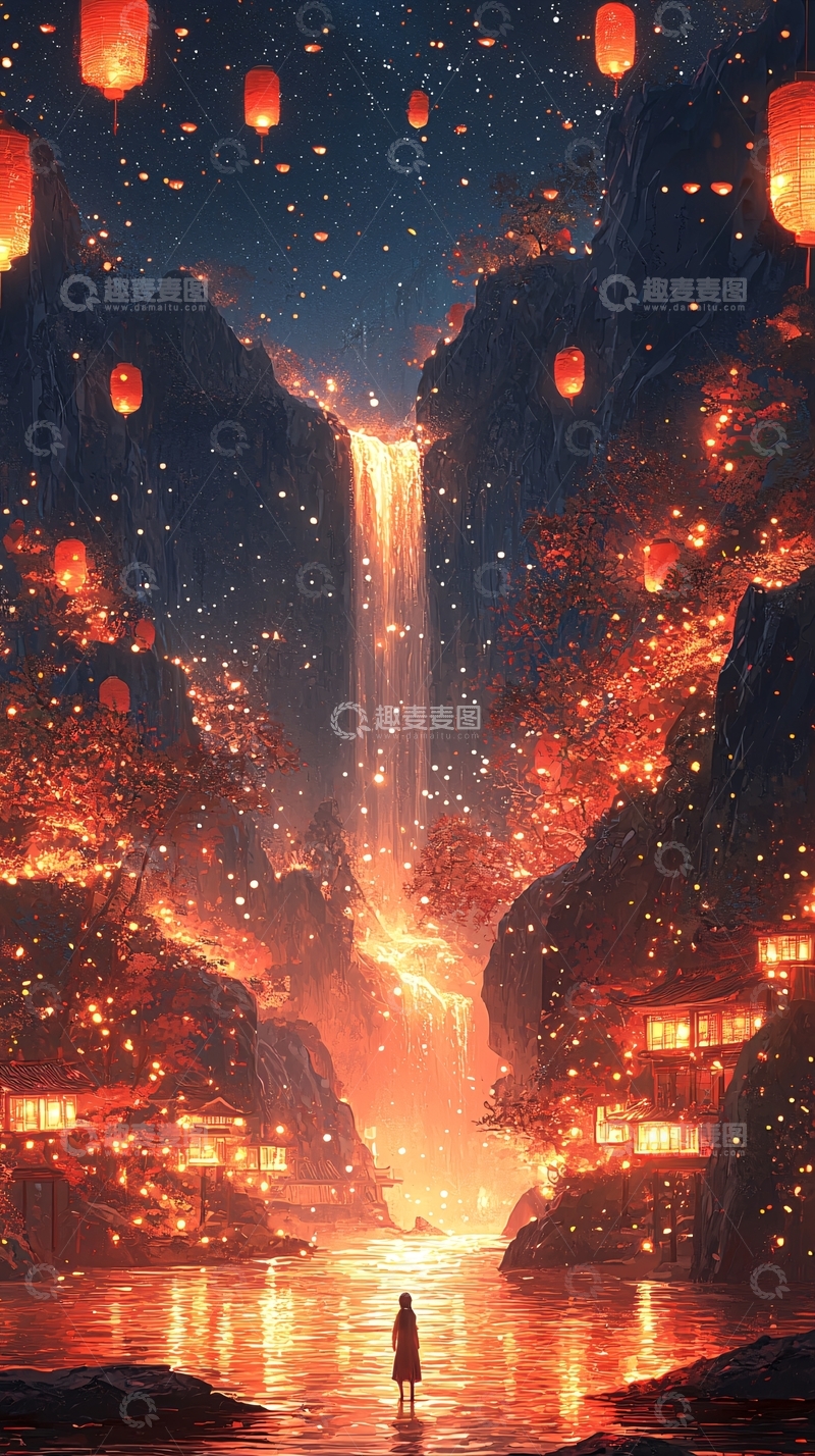 高清大图下载【趣麦麦图】灯笼悬挂瀑布之上的奇幻夜景