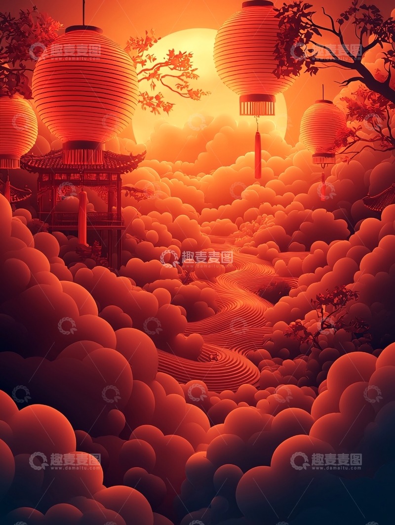 高清大图下载【趣麦麦图】红月亮下的云海仙境