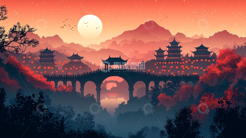 高清大图下载【趣麦麦图】日落山川古镇桥梁