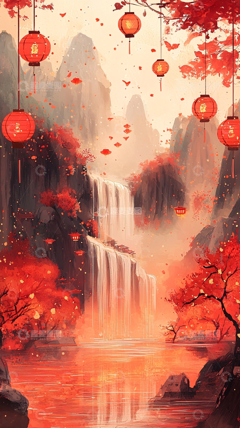 高清大图下载【趣麦麦图】红枫秋景瀑布灯笼