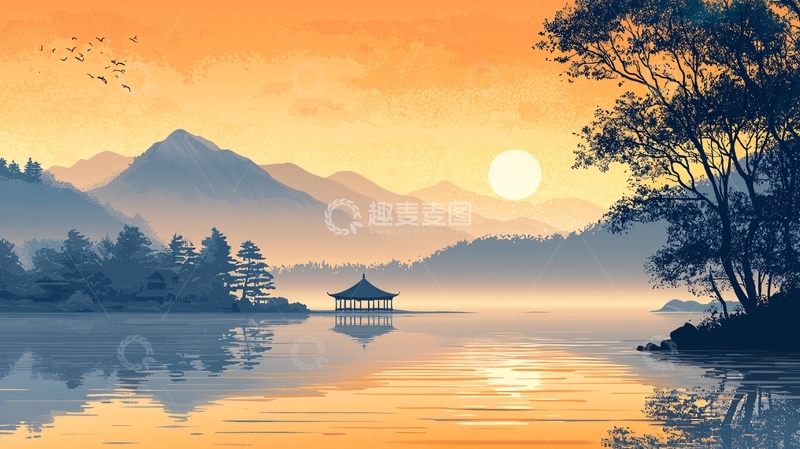 高清大图下载【趣麦麦图】水墨风山水日出景色