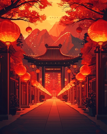 红灯笼下的中式牌楼