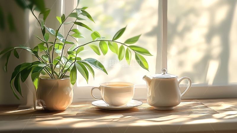 高清大图下载【趣麦麦图】窗边阳光下的咖啡与绿植