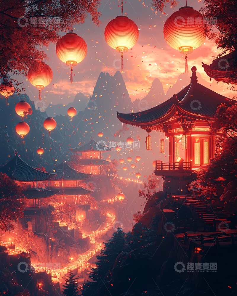 高清大图下载【趣麦麦图】-夜晚山间红灯笼