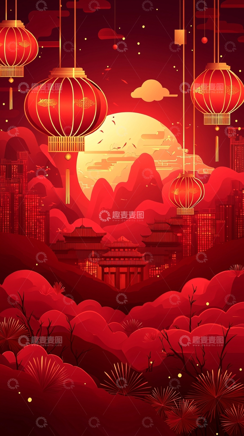 高清大图下载【趣麦麦图】红灯笼中国风夜景