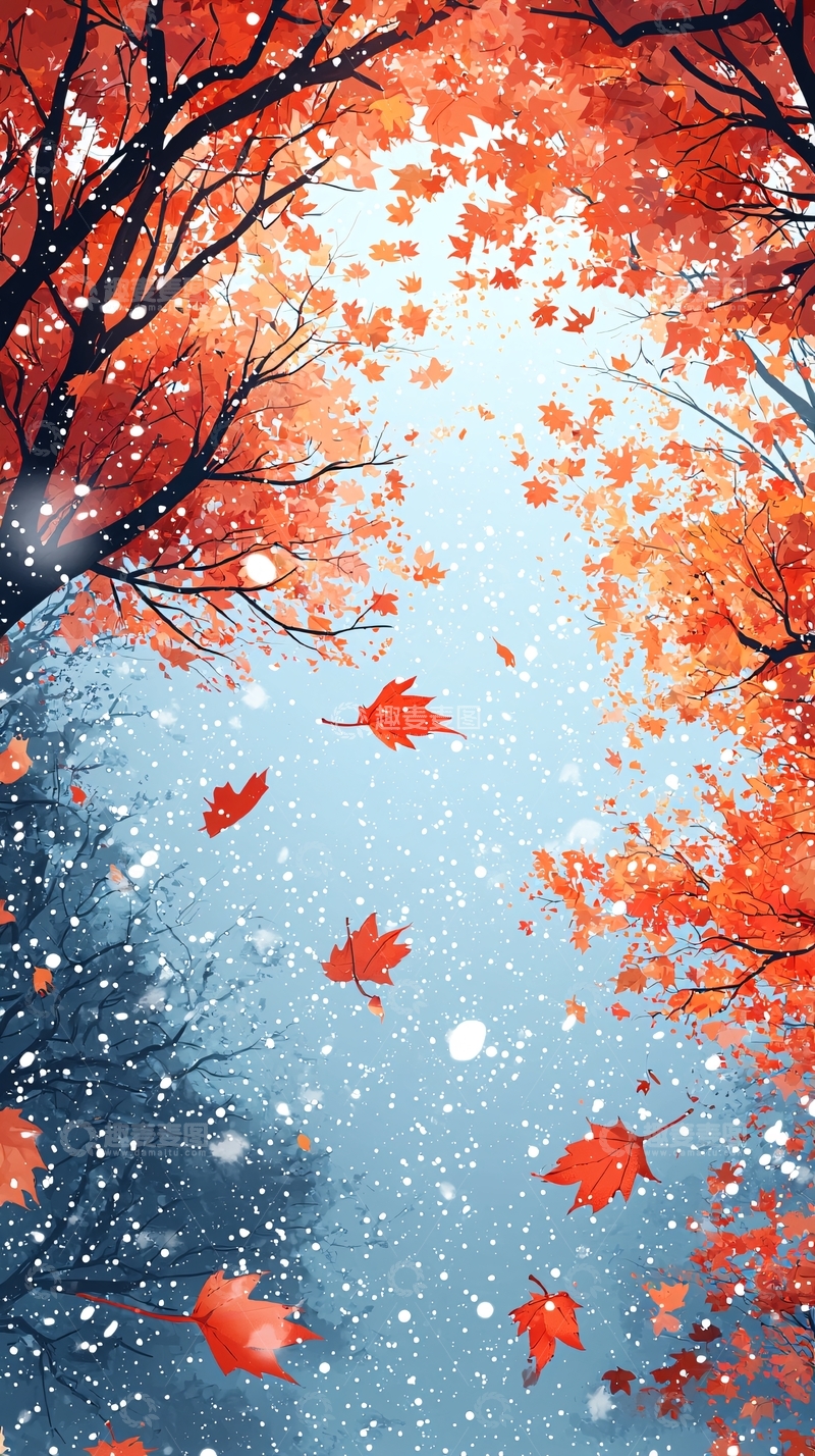 高清大图下载【趣麦麦图】红枫飘雪冬日意境
