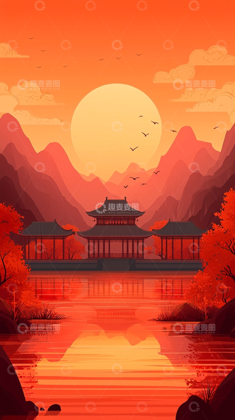 高清大图下载【趣麦麦图】日落山景中式建筑