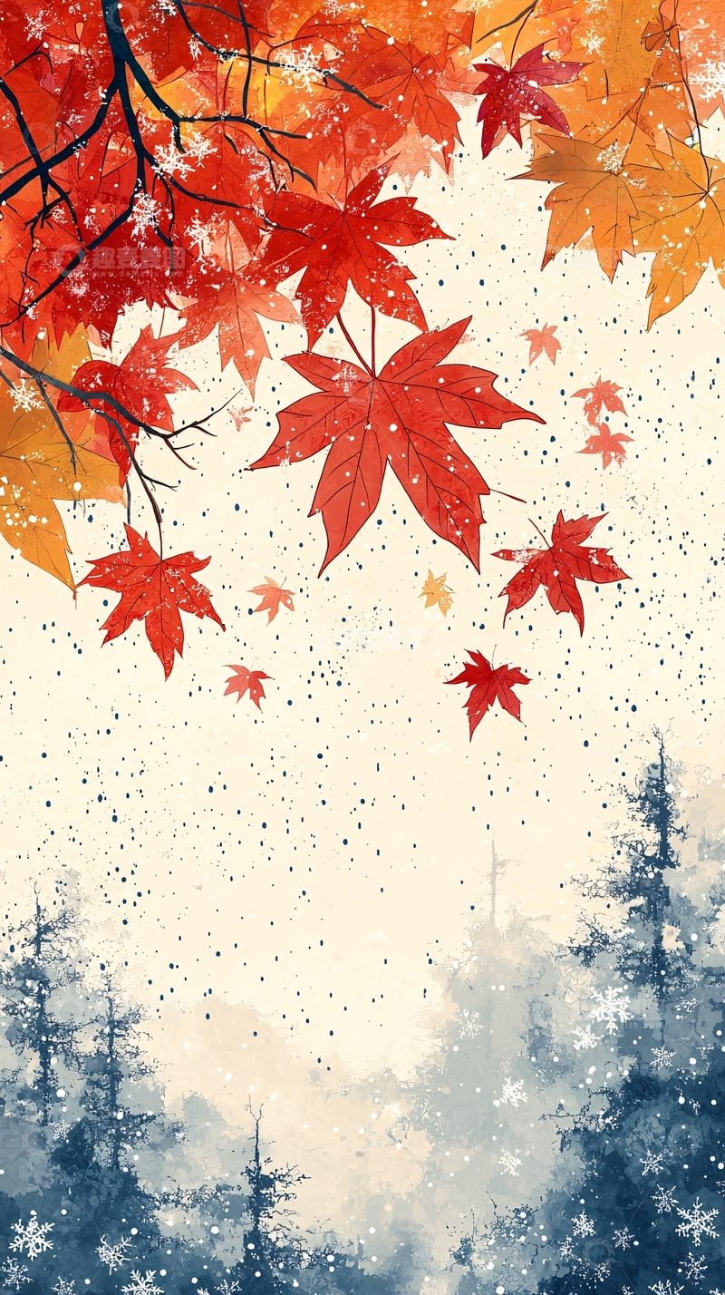 高清大图下载【趣麦麦图】红枫叶落雪景图