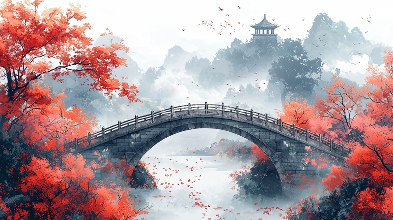 高清大图下载【趣麦麦图】红叶古桥水墨画