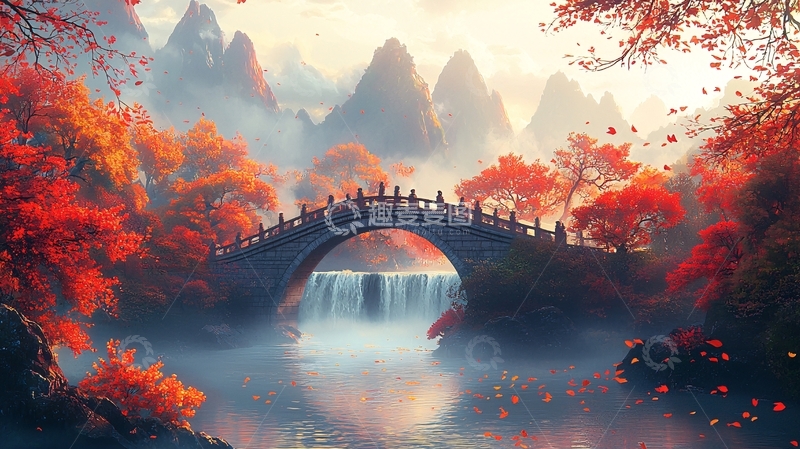 高清大图下载【趣麦麦图】秋日红枫古桥流水山景