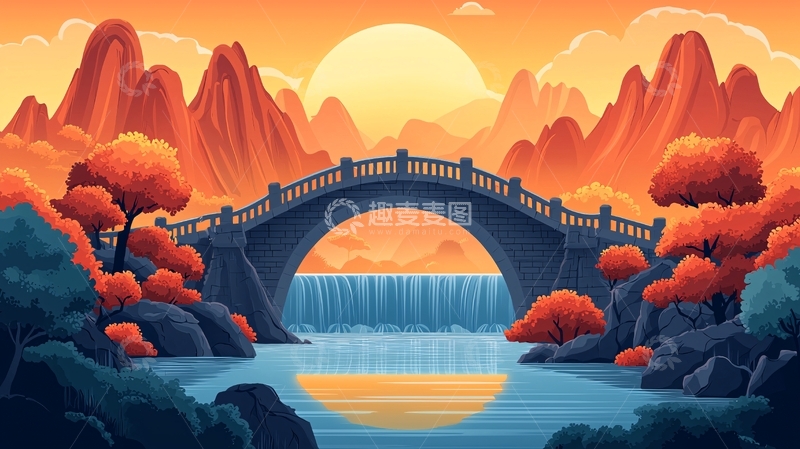 高清大图下载【趣麦麦图】山水桥梁日落唯美风景