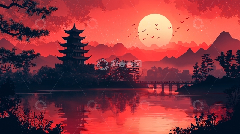 高清大图下载【趣麦麦图】红日映照下的日式山水画