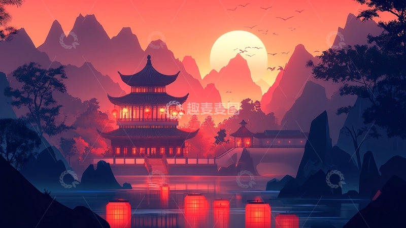 高清大图下载【趣麦麦图】日落余晖下的中式建筑