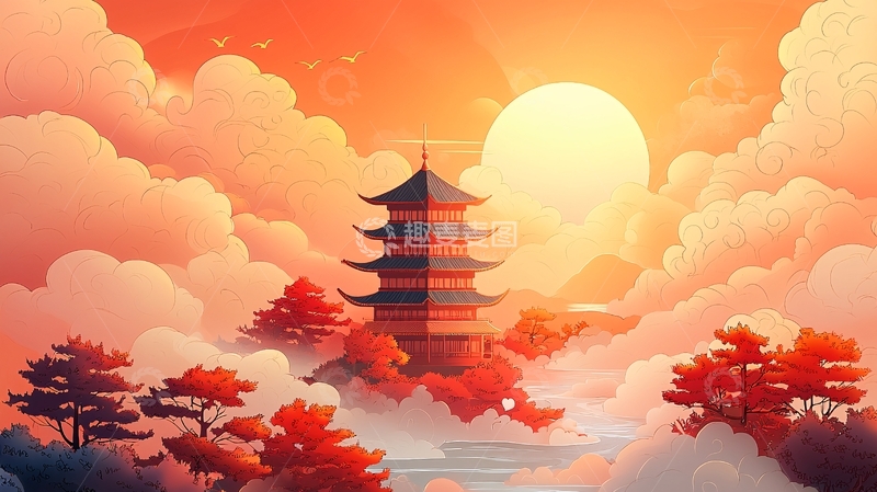 高清大图下载【趣麦麦图】日落云海佛塔