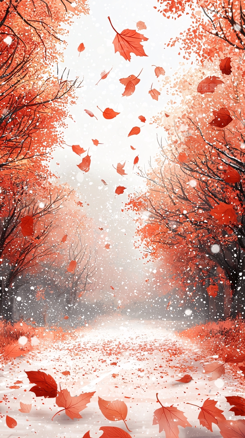 高清大图下载【趣麦麦图】红叶飘雪的冬季森林小路