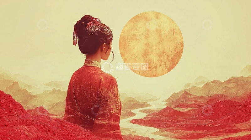 高清大图下载【趣麦麦图】红衣女子远眺巨月