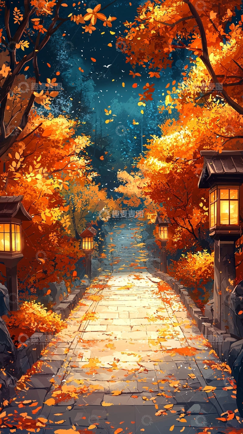 高清大图下载【趣麦麦图】秋叶小路石板路灯笼