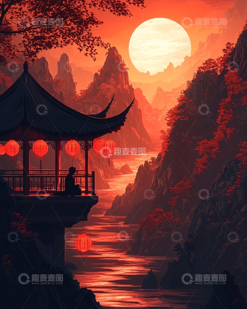 高清大图下载【趣麦麦图】红日山川亭台楼阁