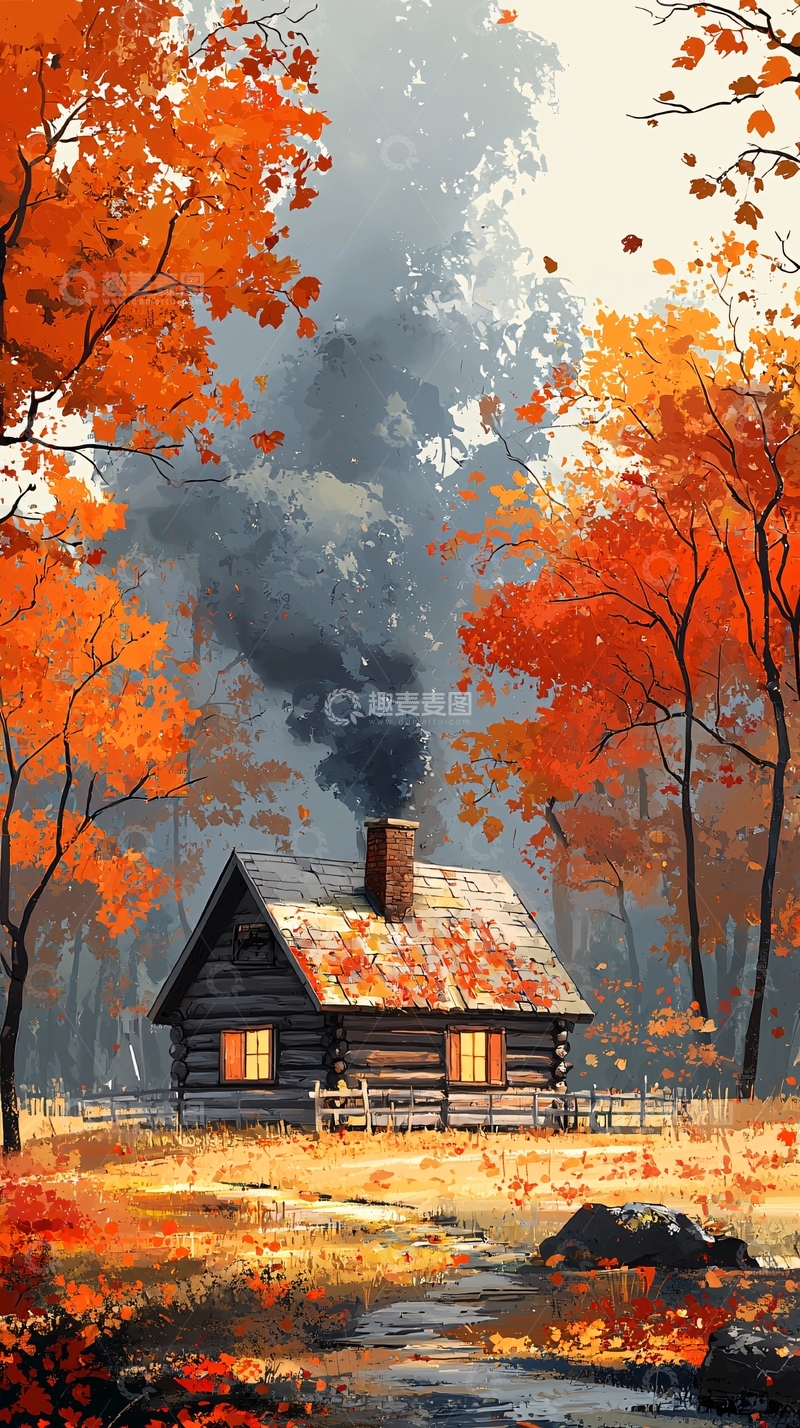 高清大图下载【趣麦麦图】秋日小屋森林风景画