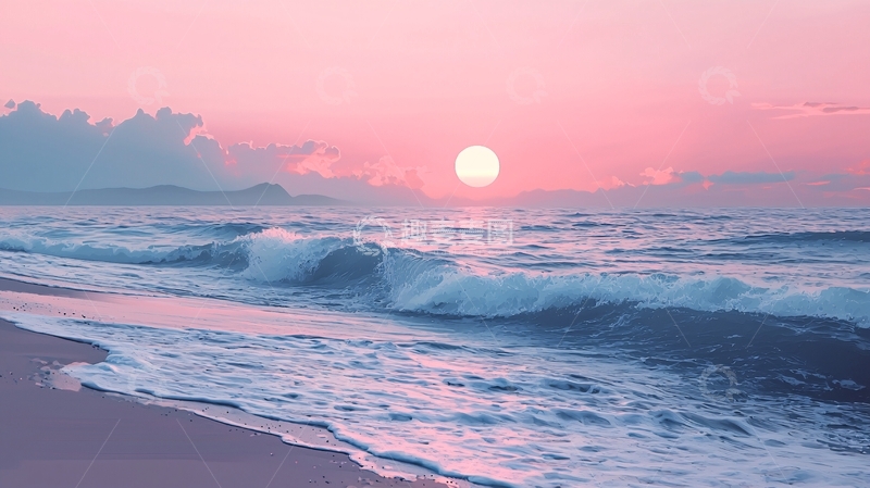 高清大图下载【趣麦麦图】粉色日出海滩