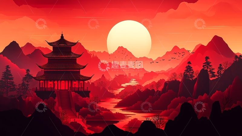 高清大图下载【趣麦麦图】红色日落山川寺庙