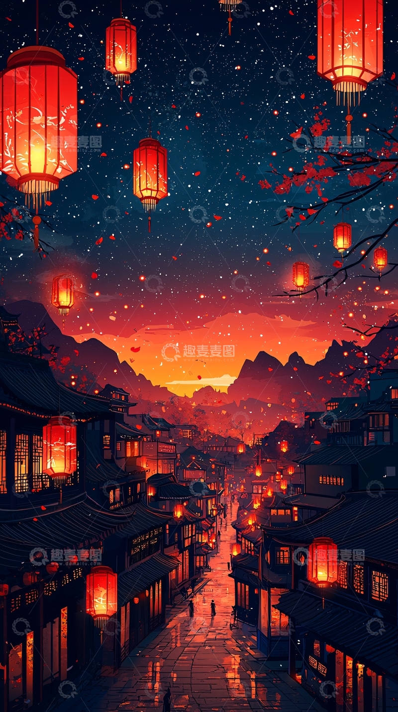 高清大图下载【趣麦麦图】夜空中飞舞的红灯笼