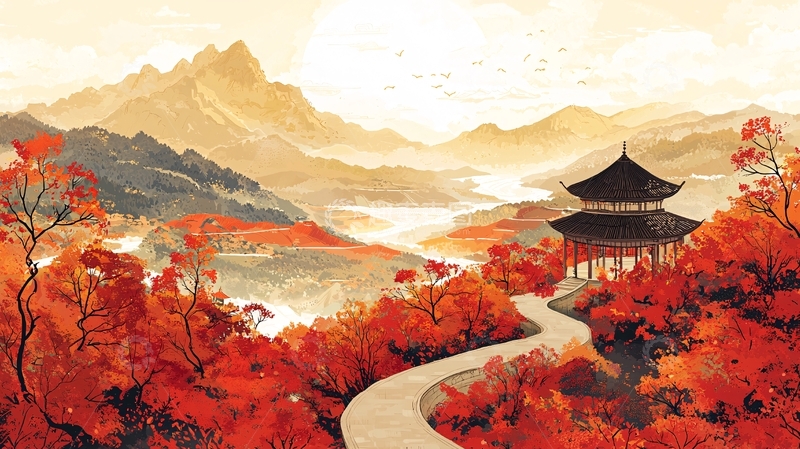 高清大图下载【趣麦麦图】秋景山色古寺