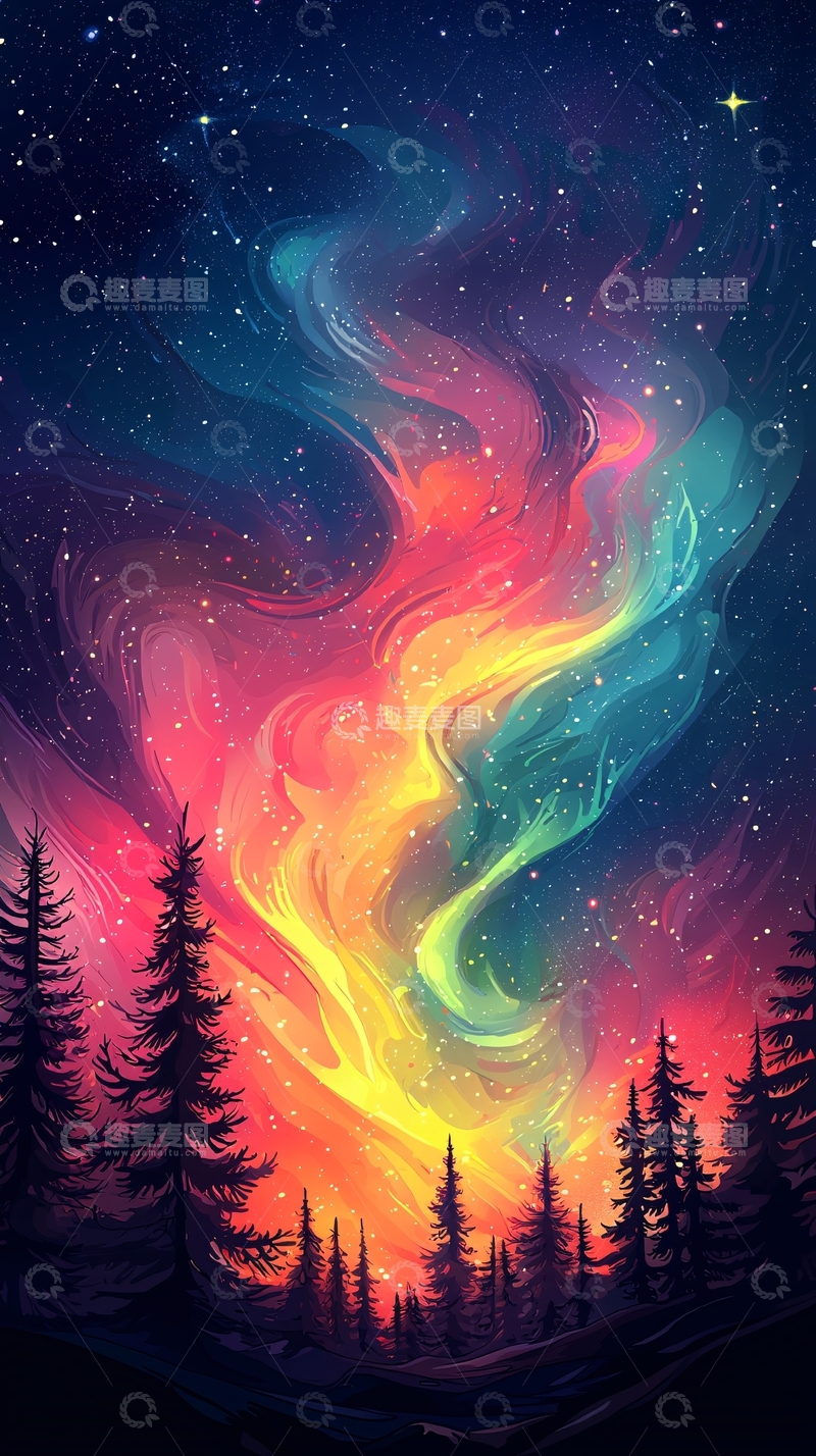 高清大图下载【趣麦麦图】极光森林星空壁纸