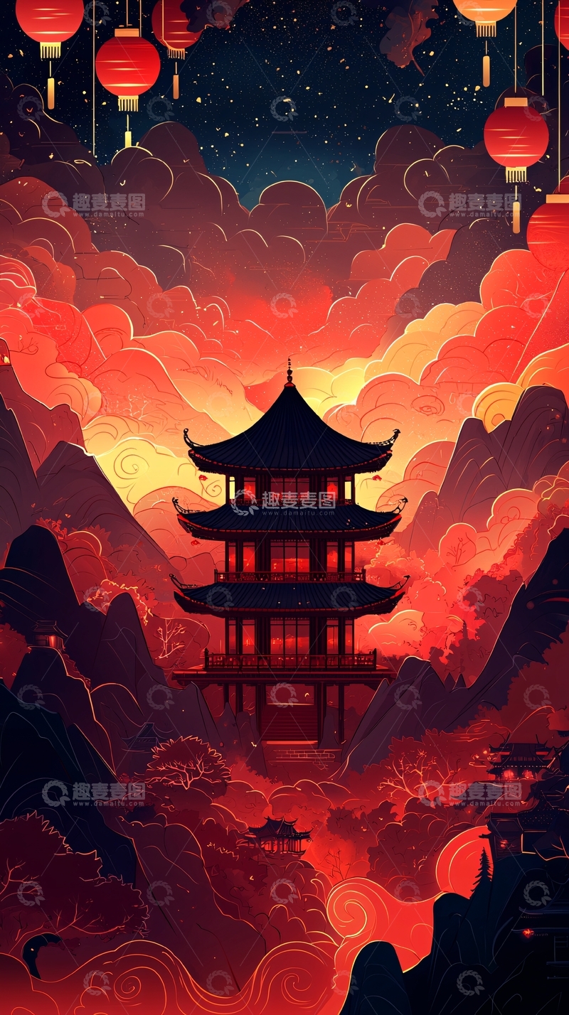 高清大图下载【趣麦麦图】红黑日式风格夜景佛塔