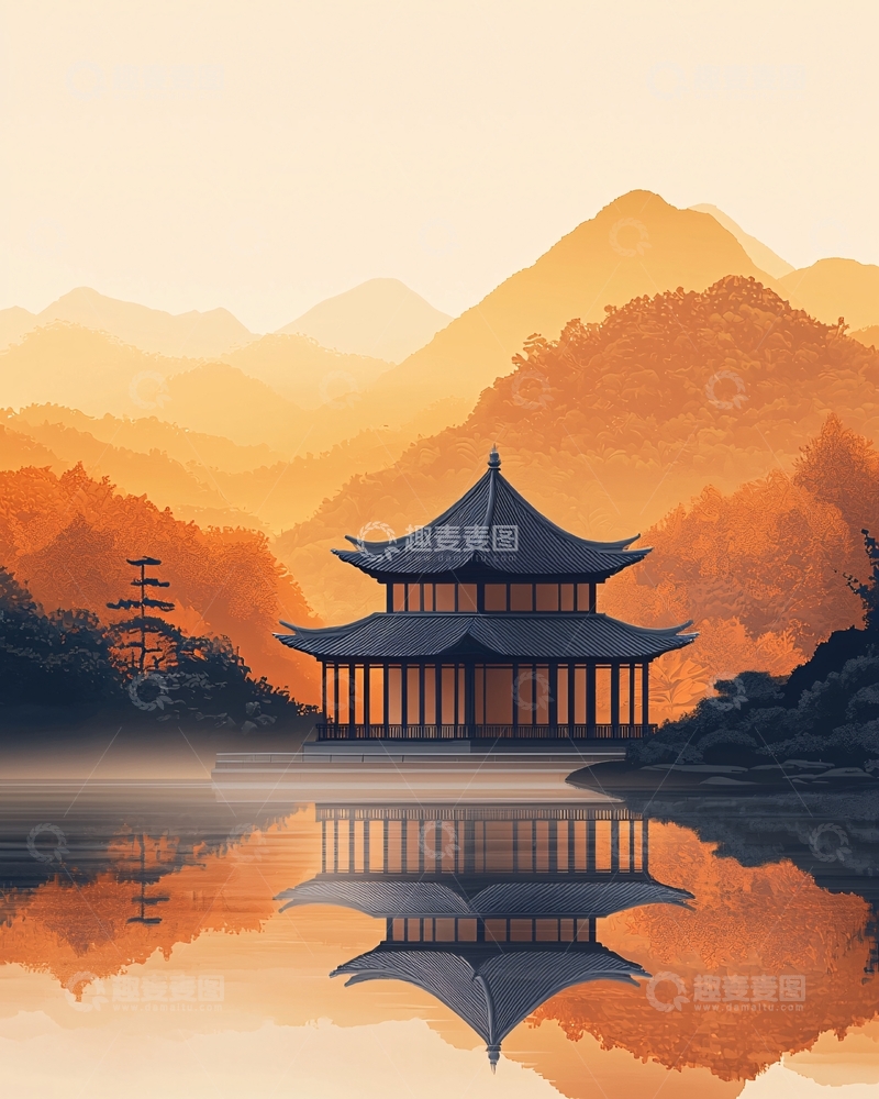 高清大图下载【趣麦麦图】日出山峦间古色古香的亭台