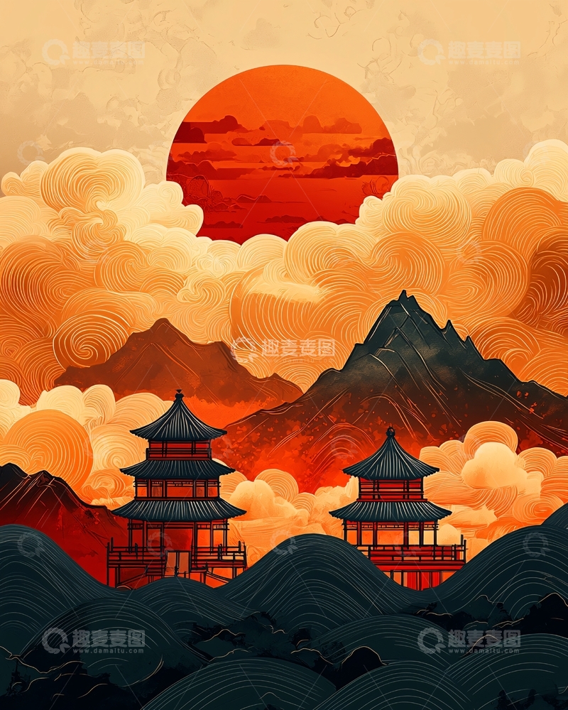 高清大图下载【趣麦麦图】日出山峦寺庙剪影