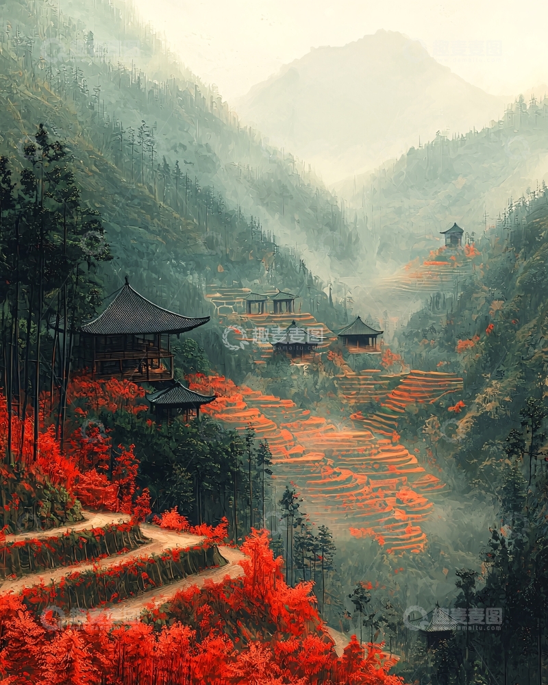 高清大图下载【趣麦麦图】山间雾气缭绕的红叶村庄