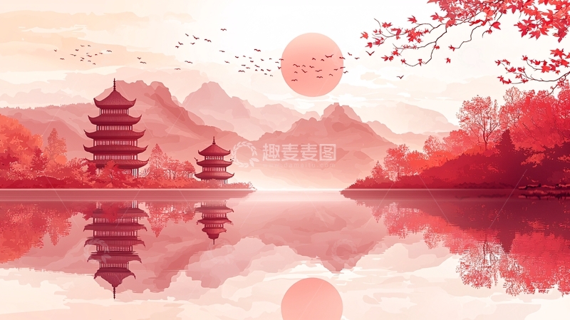 高清大图下载【趣麦麦图】红枫层林晚霞古塔倒影