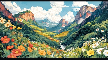 山谷鲜花风景画